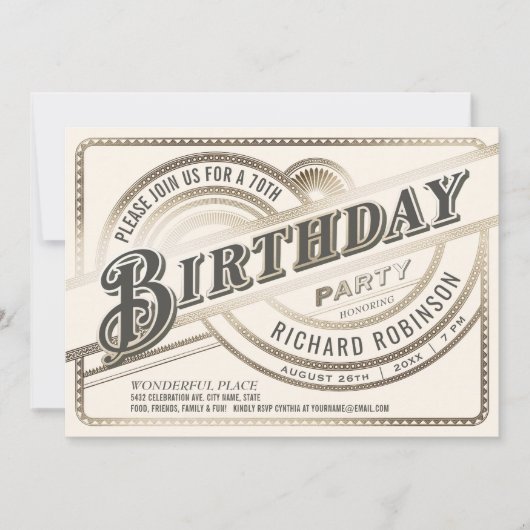 マイルストーンバースデーパーティ招待状金ゴールドと白色 招待状 (正面)