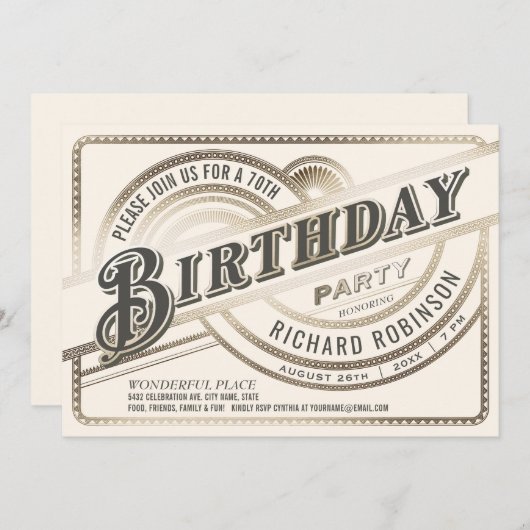 マイルストーンバースデーパーティ招待状金ゴールドと白色 招待状 (正面/裏面)