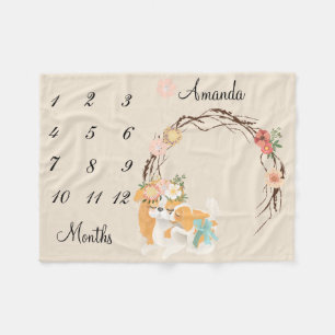 マイルストーンピンクママドッグパピーベビー記念 フリースブランケット