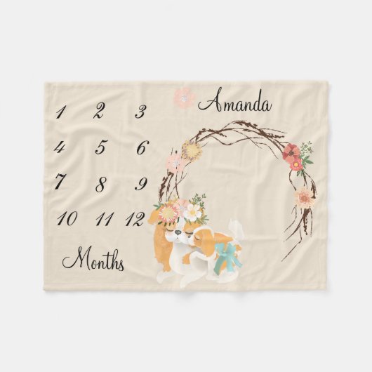 マイルストーンピンクママドッグパピーベビー記念 フリースブランケット (正面(横))