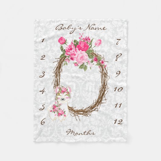 マイルストーンベビーブランケット-ラマ-ピンク フリースブランケット (正面)