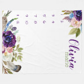 マイルストーン成長トラッカー水彩紫色の花 フリースブランケット (正面(横))