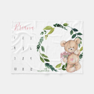 マイルストーン成長トラッカー – Teddy bear and greenery フリースブランケット