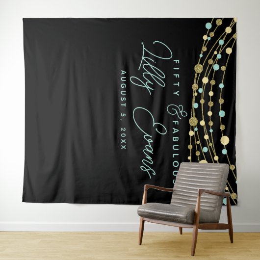 マイルストーン誕生日パーティーバナー ティールとゴールド 50歳 タペストリー (インサイチュ(横))