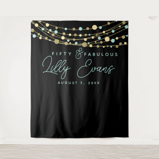 マイルストーン誕生日パーティーバナー ティールとゴールド 50歳 タペストリー (正面)