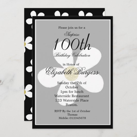 マイルストーン誕生日白黒デイジーエレガント金ゴールド 招待状 (正面/裏面)