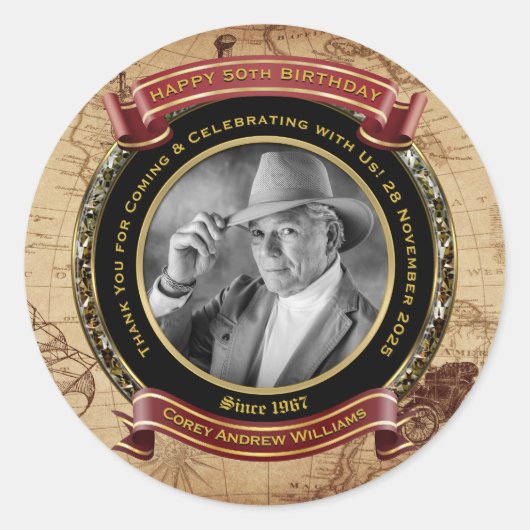 マイルストーン誕生日金ゴールド写真ヴィンテージマップ50th ラウンドシール (正面)