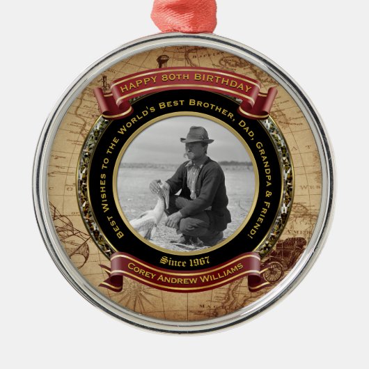 マイルストーン誕生日金ゴールド写真ヴィンテージマップ80th メタルオーナメント (正面)