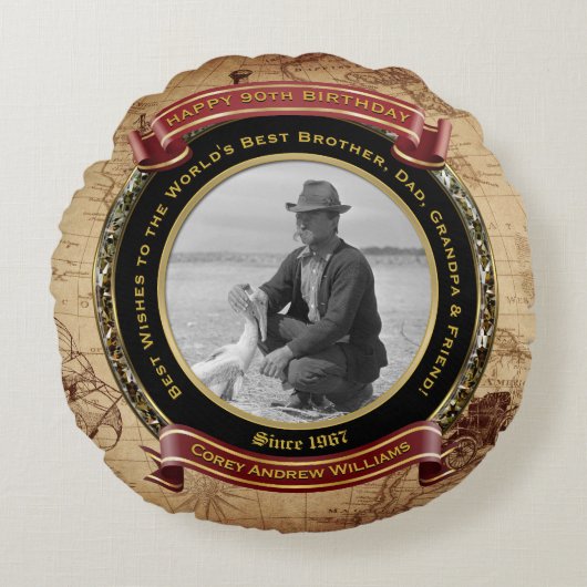 マイルストーン誕生日金ゴールド写真ヴィンテージマップ90th ラウンドクッション (正面)