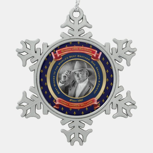 マイルストーン誕生日金ゴールド写真70thセブンティブルー スノーフレークピューターオーナメント (正面)