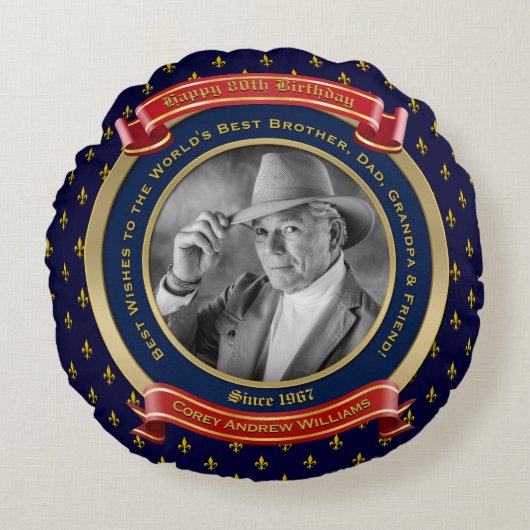 マイルストーン誕生日金ゴールド写真80th 80ブルーレッド ラウンドクッション (正面)