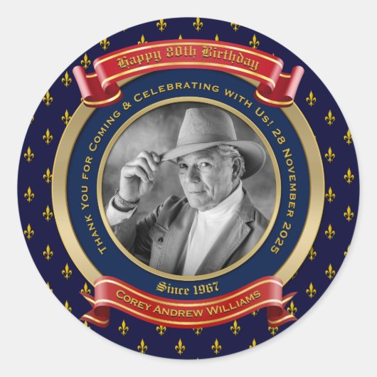 マイルストーン バースデー ゴールド フォト 80歳 八十歳 青 赤 ラウンドシール (正面)