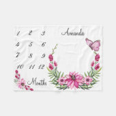 マイルストーン ピンク 水彩 フラワー リング 赤ちゃん 記念品 フリースブランケット (正面(横))