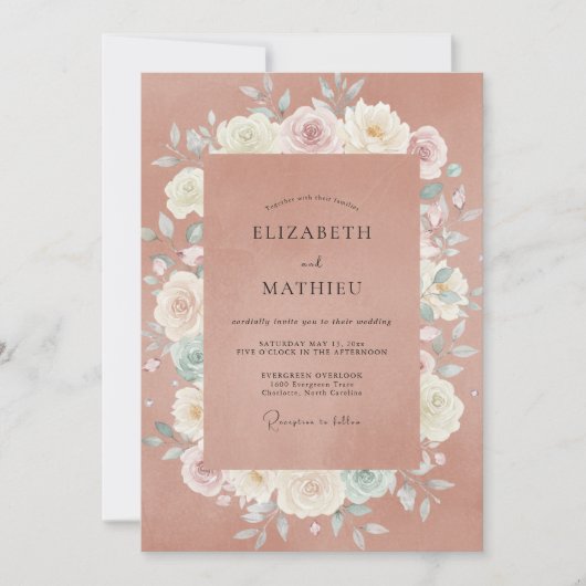マイルドマーブルのクリーム色のバラの結婚式 招待状 (正面)