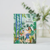 マインドフルな青い温室の植物の少女が読書中 ポストカード (スタンド正面)