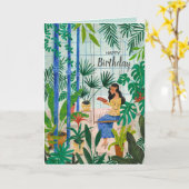 マインドフルな青い温室植物の読少女 カード (黄色い花)