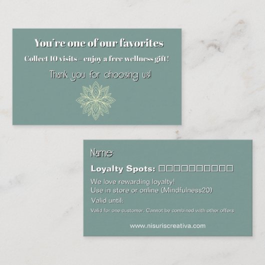マインドフルネスウェルネスコンサルタントZen Lotusティール(緑がかった色) ロイヤリティカード (正面/裏面)