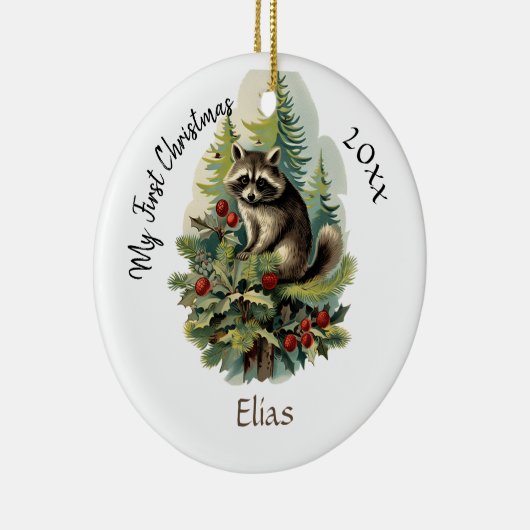 マイ初めてのクリスマスかわいいヴィンテージラクーンベビー名 セラミックオーナメント (右)