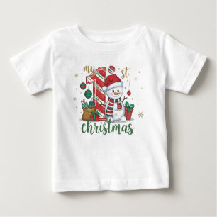 マイ初めてのクリスマスかわいい雪だるま ベビーTシャツ