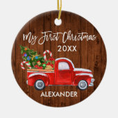 マイ初めてのクリスマスウッドキャンディカネレッドトラックベビー セラミックオーナメント (正面)