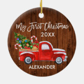 マイ初めてのクリスマスウッドキャンディカネレッドトラックベビー セラミックオーナメント (裏面)