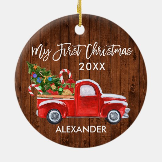 マイ初めてのクリスマスウッドキャンディカネレッドトラックベビー セラミックオーナメント (裏面)