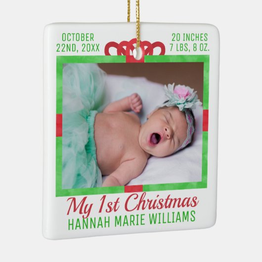 マイ初めてのクリスマスカスタムベビー写真名ギフトボックス セラミックオーナメント (右)