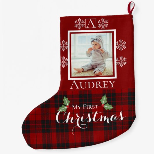 マイ初めてのクリスマスカスタムモノグラム写真 ラージクリスマスストッキング (裏面)