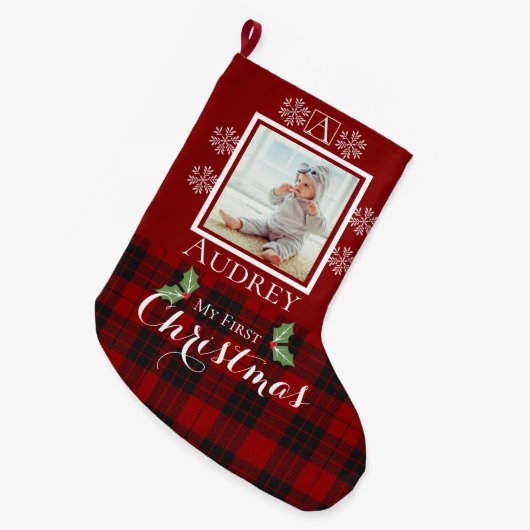 マイ初めてのクリスマスカスタムモノグラム写真 ラージクリスマスストッキング (正面 (吊り時))