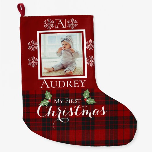 マイ初めてのクリスマスカスタムモノグラム写真 ラージクリスマスストッキング (正面)