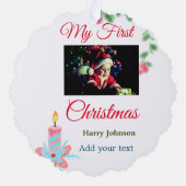 マイ初めてのクリスマスキャンドル追加ベビーの写真名leav オーナメントカード (裏面)