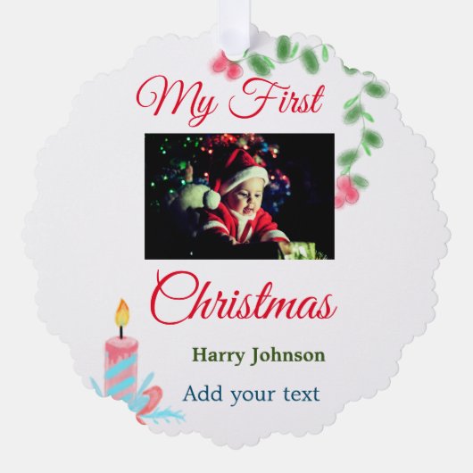 マイ初めてのクリスマスキャンドル追加ベビーの写真名leav オーナメントカード (正面)
