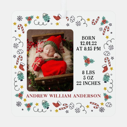 マイ初めてのクリスマススクリプトベビー誕生の統計情報と写真 メタルオーナメント (裏面)