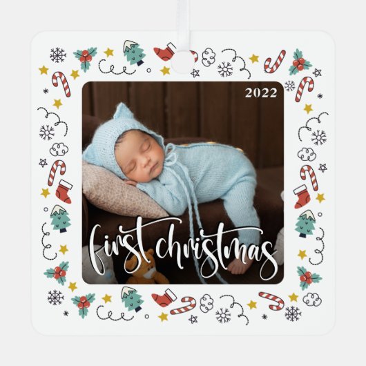 マイ初めてのクリスマススクリプトベビー誕生の統計情報と写真 メタルオーナメント (正面)