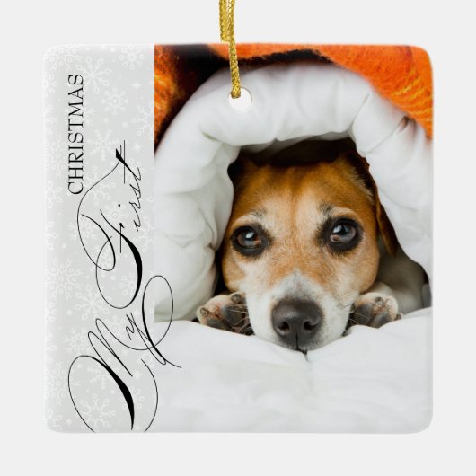 マイ初めてのクリスマススクリプト縦写真スノーフレーク セラミックオーナメント (正面)