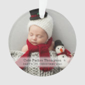 マイ初めてのクリスマススストライプホワイトカスタムベビー写真 オーナメント (正面)
