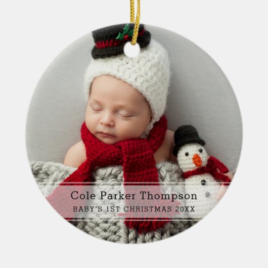 マイ初めてのクリスマススストライプホワイトカスタムベビー写真 セラミックオーナメント (正面)