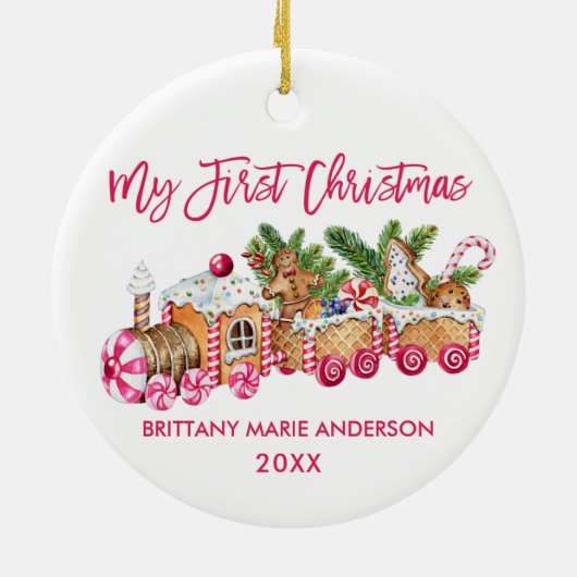 マイ初めてのクリスマスズピンクジンガーブレッドトレインベビー セラミックオーナメント (裏面)