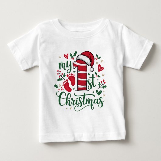 マイ初めてのクリスマスタイポグラフィかわいいサンタハット ベビーTシャツ (正面)
