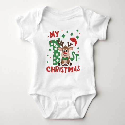 マイ初めてのクリスマスタイポグラフィかわいいトナカイ ベビーボディスーツ (正面)