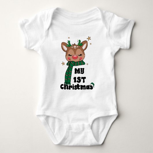 マイ初めてのクリスマスタイポグラフィかわいいトナカイ ベビーボディスーツ (正面)