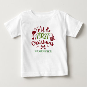 マイ初めてのクリスマスタイポグラフィサンタハットモノグラム ベビーTシャツ