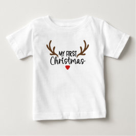 マイ初めてのクリスマスタイポグラフィシンプル鹿〔雄ジカの〕枝角 ベビーTシャツ