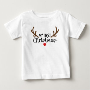 マイ初めてのクリスマスタイポグラフィシンプル鹿〔雄ジカの〕枝角 ベビーTシャツ