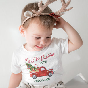マイ初めてのクリスマストラックキャンディーキャンズグリーンレッド ベビーTシャツ