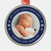 マイ初めてのクリスマスネイビーパーソナライズされたベビー写真 メタルオーナメント (正面)