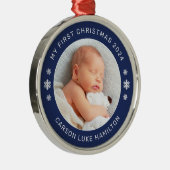マイ初めてのクリスマスネイビーパーソナライズされたベビー写真 メタルオーナメント (右)