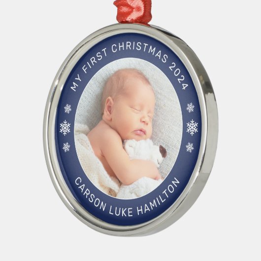 マイ初めてのクリスマスネイビーパーソナライズされたベビー写真 メタルオーナメント (左)
