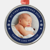 マイ初めてのクリスマスネイビーパーソナライズされたベビー写真 メタルオーナメント (正面)