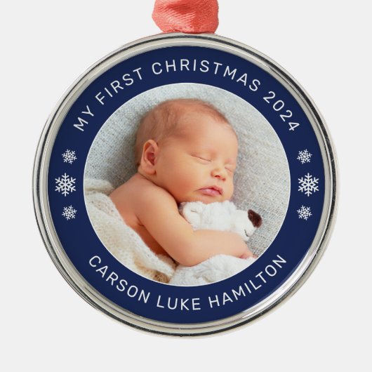 マイ初めてのクリスマスネイビーパーソナライズされたベビー写真 メタルオーナメント (正面)